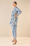 Shop_Shivani Bhargava_Blue Cotton Printed Floral Chinese Collar Blossom Tunic And Striped Pant Set _Online_at_Aza_Fashions