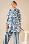 Shop_Shivani Bhargava_Blue Cotton Printed Floral Chinese Collar Blossom Tunic And Striped Pant Set 