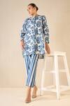Buy_Shivani Bhargava_Blue Cotton Printed Floral Chinese Collar Blossom Tunic And Striped Pant Set _at_Aza_Fashions