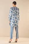 Shop_Shivani Bhargava_Blue Cotton Printed Floral Chinese Collar Blossom Tunic And Striped Pant Set _at_Aza_Fashions