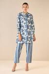 Buy_Shivani Bhargava_Blue Cotton Printed Floral Chinese Collar Blossom Tunic _at_Aza_Fashions