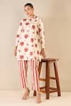 Buy_Shivani Bhargava_Red Cotton Printed Floral Chinese Collar Blossom Tunic _at_Aza_Fashions