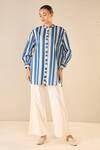 Shivani Bhargava_Blue Cotton Printed Stripe Chinese Collar Meadow Shirt And Pant Set _Online_at_Aza_Fashions