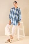 Shop_Shivani Bhargava_Blue Cotton Printed Stripe Chinese Collar Meadow Shirt And Pant Set 