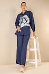 Buy_Shivani Bhargava_Blue Cotton Printed Rose Collared Dream Oversized Shirt And Pant Set 