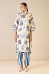 Buy_Shivani Bhargava_Blue Chanderi Lining Cotton Print Floral Fantasy V Neck A-line Kurta 