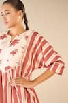 Buy_Shivani Bhargava_Red Chanderi Lining Cotton Print Vintage Rose Notched Round Striped Tunic _Online_at_Aza_Fashions