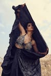 Renasci_Black Satin Embroidered Metallic Textured Drift Skirt Saree With Bralette _Online_at_Aza_Fashions