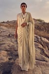 Buy_Renasci_Gold Sandwash Satin Solid Cowl Neck Drift Skirt Saree With Top _at_Aza_Fashions