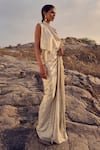 Shop_Renasci_Gold Sandwash Satin Solid Cowl Neck Drift Skirt Saree With Top _at_Aza_Fashions