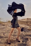 Shop_Renasci_Black Tweed Embellished Sequins Round Neck Bell Sleeve Dress_at_Aza_Fashions