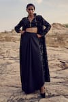 Buy_Renasci_Black Sandwash Satin Embellished Sequins Trench Open Long Jacket Skirt Set_at_Aza_Fashions