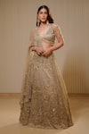 Buy_Mehul Gupta_Gold Silk Satin Embroidery Sequins V Neck Shimmery Hour Bridal Lehenga Set _at_Aza_Fashions