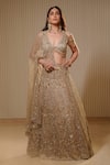 Buy_Mehul Gupta_Gold Silk Satin Embroidery Sequins V Neck Shimmery Hour Bridal Lehenga Set _Online_at_Aza_Fashions