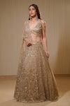 Mehul Gupta_Gold Silk Satin Embroidery Sequins V Neck Shimmery Hour Bridal Lehenga Set _at_Aza_Fashions