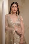 Shop_Mehul Gupta_Gold Silk Satin Embroidery Sequins V Neck Shimmery Hour Bridal Lehenga Set 