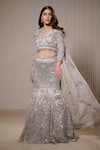 Buy_Mehul Gupta_Silver Silk Satin Embroidery Thread Queen Anne Celeste Bloom Bridal Lehenga Set _at_Aza_Fashions