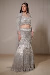 Buy_Mehul Gupta_Silver Silk Satin Embroidery Thread Queen Anne Celeste Bloom Bridal Lehenga Set _Online_at_Aza_Fashions