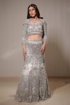 Mehul Gupta_Silver Silk Satin Embroidery Thread Queen Anne Celeste Bloom Bridal Lehenga Set _at_Aza_Fashions