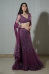 Mehul Gupta_Purple Net Embroidery Thread V Neck Ivy Bloom Mermaid Lehenga Set_at_Aza_Fashions