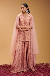 Buy_RIRASA_Pink Tissue Print Bahar Notched Anjali Embroidered Short Kurta Sharara Set _at_Aza_Fashions