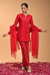 Buy_RIRASA_Red Raw Silk Embroidery Floret Pasha Ghungroo Tassel Tie Up Short Kurta Pant Set_at_Aza_Fashions