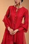 RIRASA_Red Raw Silk Embroidery Floret Pasha Ghungroo Tassel Tie Up Short Kurta Pant Set_Online_at_Aza_Fashions