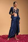 Buy_RIRASA_Blue Armani Satin Embroidery Fern Bloom Shawl Varaha Jacket Draped Skirt Set_at_Aza_Fashions
