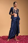 RIRASA_Blue Armani Satin Embroidery Fern Bloom Shawl Lapel Collar Varaha Jacket_Online_at_Aza_Fashions