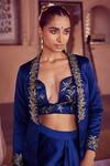 Buy_RIRASA_Blue Armani Satin Embroidery Fern Bloom Plunging Sweetheart Varaha Bustier_at_Aza_Fashions