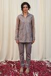 Buy_RIRASA_Silver Organza Embroidery Bead Collar Shikaram Stripe Shirt And Pant Set_at_Aza_Fashions
