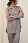 Buy_RIRASA_Silver Organza Embroidery Bead Collar Shikaram Stripe Shirt And Pant Set_Online_at_Aza_Fashions