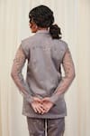 Shop_RIRASA_Silver Organza Embroidery Bead Collar Shikaram Stripe Shirt And Pant Set_Online_at_Aza_Fashions