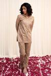 Buy_RIRASA_Beige Organza Embroidery Bead Collar Chatura Shirt And Pant Set_at_Aza_Fashions