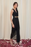 RIRASA_Black Georgette Plain V Neck Pintuck Draped Dress_Online_at_Aza_Fashions