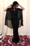 Buy_RIRASA_Black Organza Embellished Bead Keyhole Khatwa Cape Draped Skirt Set_at_Aza_Fashions