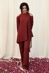 Buy_RIRASA_Maroon Crepe Embroidery Sequin Round High Neck Paash Placement Top And Pant Set _at_Aza_Fashions