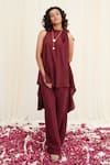 Buy_RIRASA_Maroon Crepe Embroidery Sequin Round High Neck Kangul Placement Top And Pant Set _at_Aza_Fashions