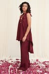 RIRASA_Maroon Crepe Embroidery Sequin Round High Neck Kangul Placement Top And Pant Set _Online_at_Aza_Fashions