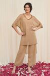 Buy_RIRASA_Beige Georgette Embellished Sequin V-neck Shakata High-low Kurta With Pant _at_Aza_Fashions