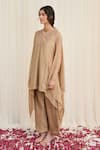 RIRASA_Beige Synthetic Embellished Sequin Tripataka Asymmetric Textured Kurta With Pant _at_Aza_Fashions