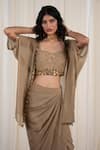 RIRASA_Beige Georgette Embellished Sequin Cape Open Mukuta Draped Skirt Set_at_Aza_Fashions