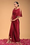 Buy_RIRASA_Maroon Milano Satin Embroidered Floral Round Kattva Draped Dress _at_Aza_Fashions