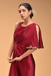 Shop_RIRASA_Maroon Milano Satin Embroidered Floral Round Kattva Draped Dress _at_Aza_Fashions