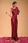 Buy_RIRASA_Maroon Milano Satin Embroidered Floral Round Kattva Draped Dress _Online_at_Aza_Fashions