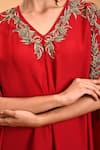 RIRASA_Red Marina Silk Embroidered Floral V Neck Mushti Tunic And Draped Dhoti Skirt Set_Online_at_Aza_Fashions