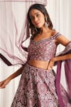 Chaashni by Maansi and Ketan_Wine Lehenga And Blouse Silk Embellished Sequins Off Floral Print Mirrorwork Set _at_Aza_Fashions