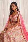 Chaashni By Maansi And Ketan_Pink Net Pearls, Sequins, Stones, Beads V-neck Floral Embellished Lehenga Set _Online_at_Aza_Fashions