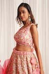 Shop_Chaashni By Maansi And Ketan_Pink Net Pearls, Sequins, Stones, Beads V-neck Floral Embellished Lehenga Set _Online_at_Aza_Fashions