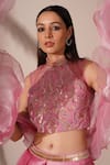 Shop_Chaashni by Maansi and Ketan_Pink Shimmer Organza Embellished Beads Band Collar Side Frill Lehenga Set _Online_at_Aza_Fashions